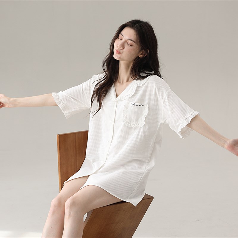 夏薄纯棉棉纱布简约白色男朋友衬衫风宽松短袖花边家居服睡衣睡裙