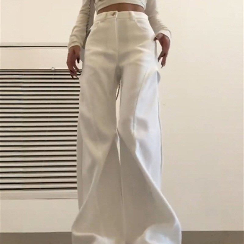 白色西装工装裤子女款2025新款秋季大码胖mm阔腿休闲褶皱设计感潮