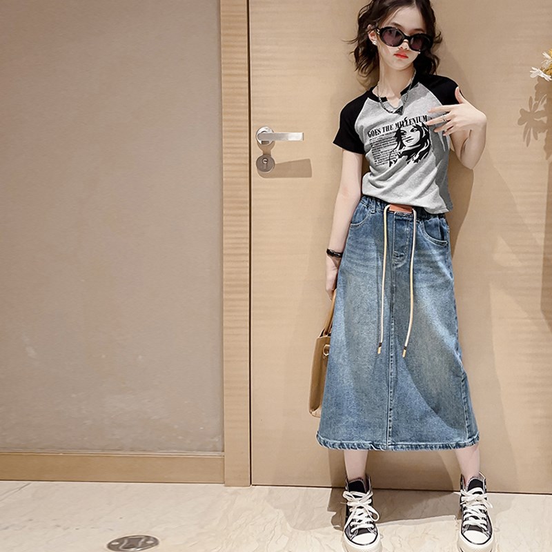 女童夏装2024新款大童洋气时髦套装儿童夏季短袖女孩牛仔半身裙潮