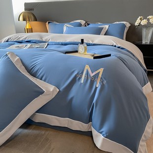 北欧全棉纯棉高端j刺绣床上四件套民宿床单被套纯色简约床笠款南