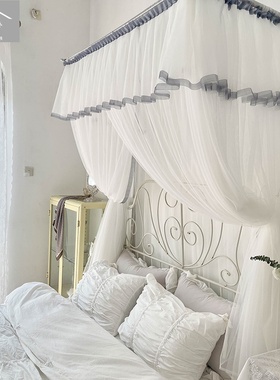 全金属伸缩蚊帐日式白色家用wU型卧室钓鱼竿三开门1.8床通用蚊帐