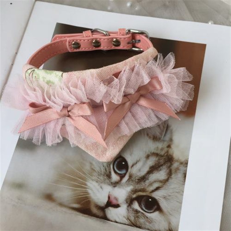 猫咪粉色宠物狗狗碎花三角巾围领口水巾公主蕾丝花边牵引项圈