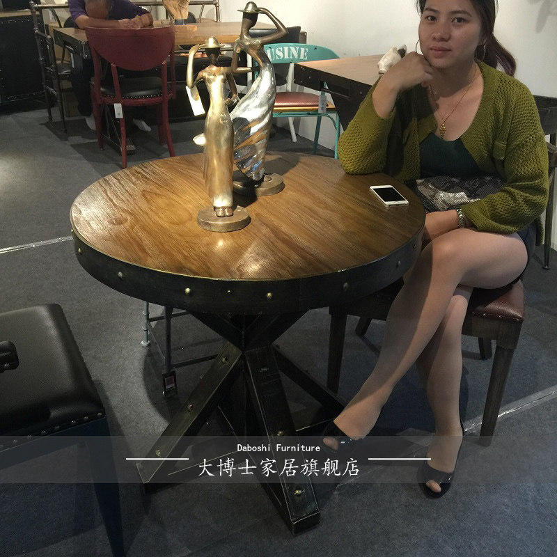 美式铁艺实木休闲茶几o圆形矮茶桌复古做旧工业风餐厅圆桌咖啡厅