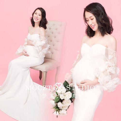 影楼新款孕妇照拍照白色鱼尾一字肩礼服孕妈装孕妇装写真摄影服饰