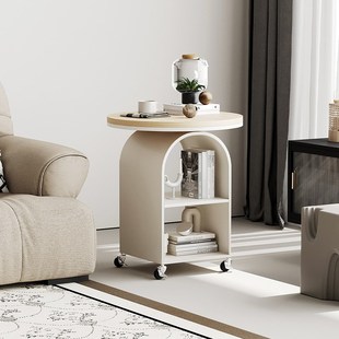实木可移动圆形沙发边几小户型客厅小茶几奶油风卧室床头带轮边桌