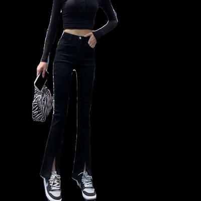 微喇牛仔裤女小个子穿搭150cm显高冬季加绒八分黑色开叉喇叭裤子