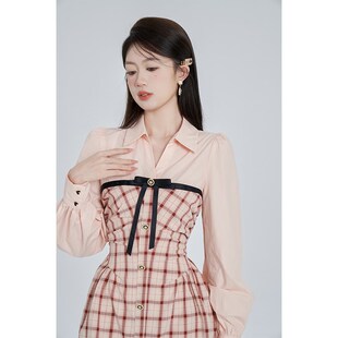 粉色格子甜美长袖连衣裙女春秋气质假两件拼接衬衫裙收腰a字裙子