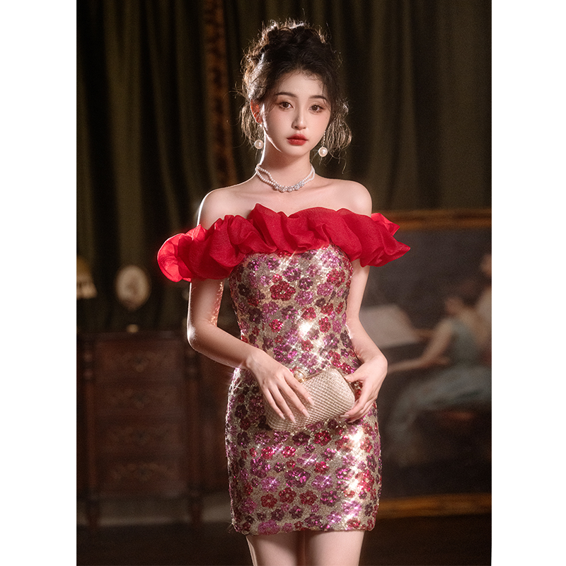 法式亮片小晚礼服裙女亮片高级生日宴会聚会包臀短款气质轻奢主持