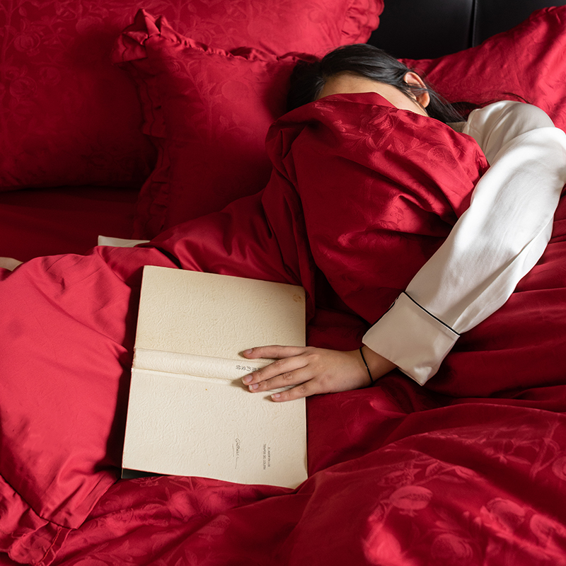 云缇 石榴大提花红色婚礼四件套纯棉全棉喜被结婚婚房床上用品