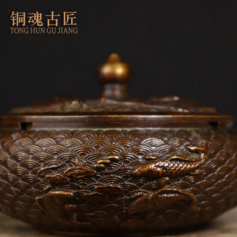 铜魂古匠纯铜鲤鱼烟灰缸复古包浆客厅办公室书桌茶桌家居装饰品