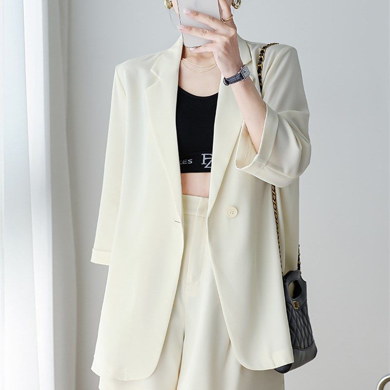 胖mm夏季休闲西装套装女大码薄款七分袖小西装外套清凉短裤两件套