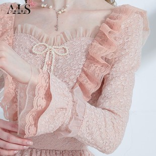 艾丽丝2025春季新款仙女针织连衣裙粉色短款蛋糕裙显瘦甜美公主裙