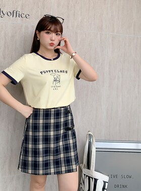 微胖mm设计感格纹皮扣半身裙女夏季新款高腰显瘦百搭A字短裙32053