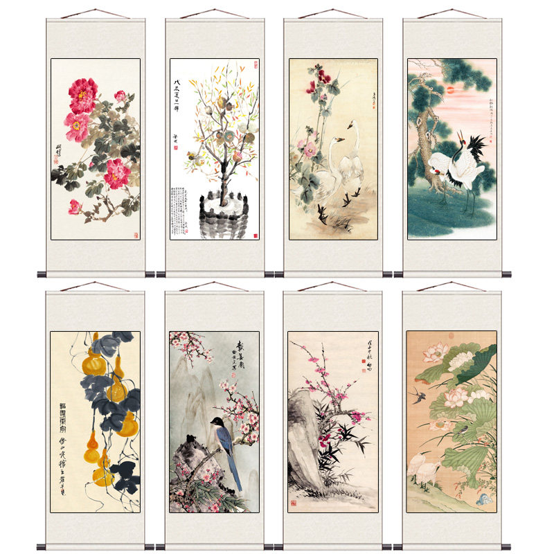 田世光报春图松鹤延年丝绸画卷轴画国画送客户礼品卷轴画定制牡丹,家居饰品,国画,淘宝优惠券,粉丝福利购,淘宝优惠卷