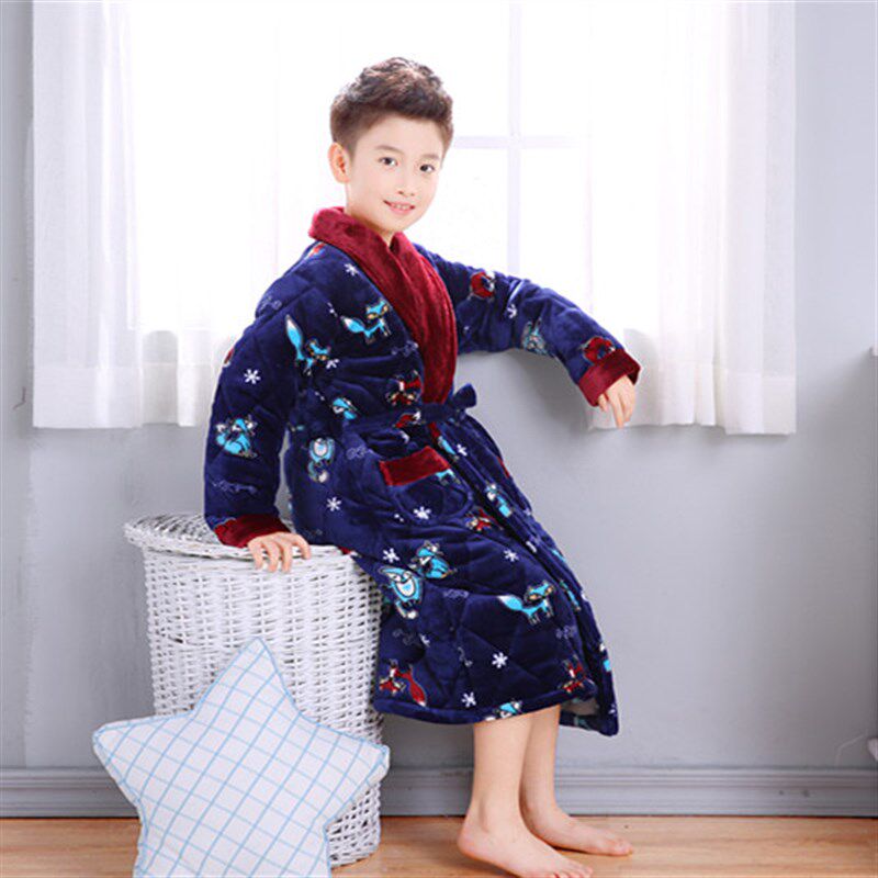 冬季儿童睡衣三层加绒加厚夹棉男女童浴袍珊瑚绒中大童法兰绒睡袍