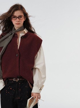 SINGLE MOMENT 安哥拉红羊毛混纺重磅花纱新年针织开衫背心马甲女