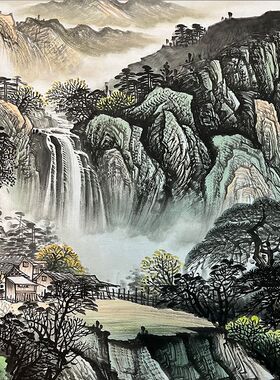 纯手绘国画山水横幅小六尺源远流长客厅沙发背景墙电视墙装饰画
