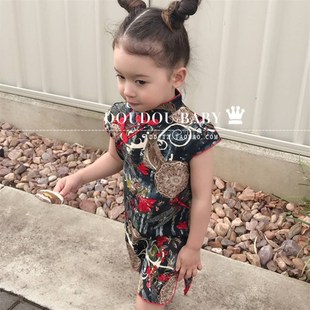 2024夏季新款小女孩黑色中国风女童旗袍连衣裙模特走秀旗袍亲子装