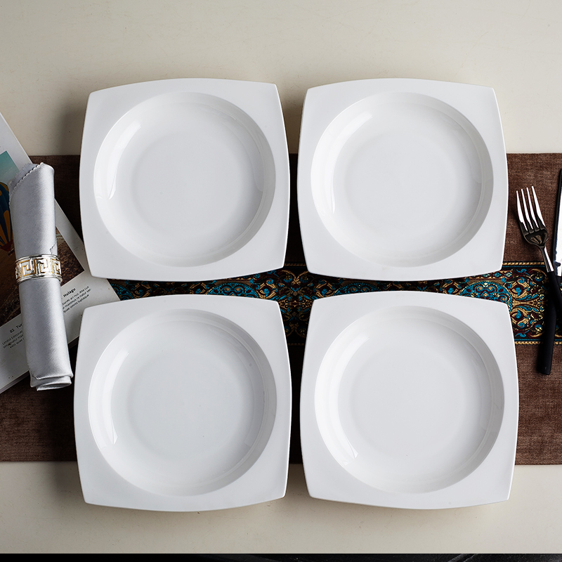 8英寸骨瓷盘子套装西餐菜盘深盘汤盘家用圆形方形陶瓷盘纯白4个装
