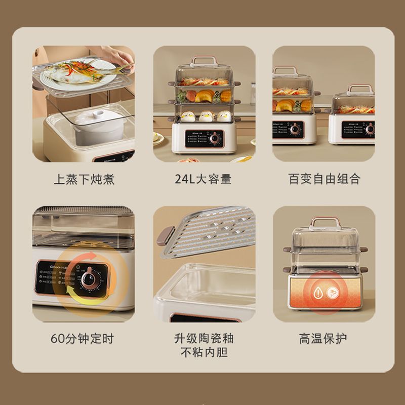 电蒸锅家用蒸煮炖一体锅早餐机多功能三层蒸箱多层蒸笼新款