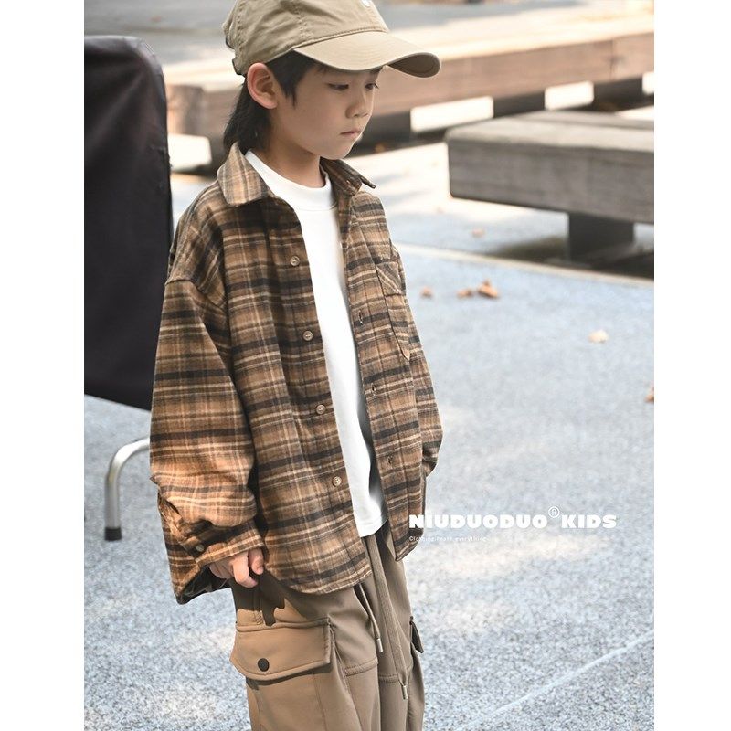 牛哆哆童装2024秋冬新款男女童加绒格子衬衫中大童洋气外套37650