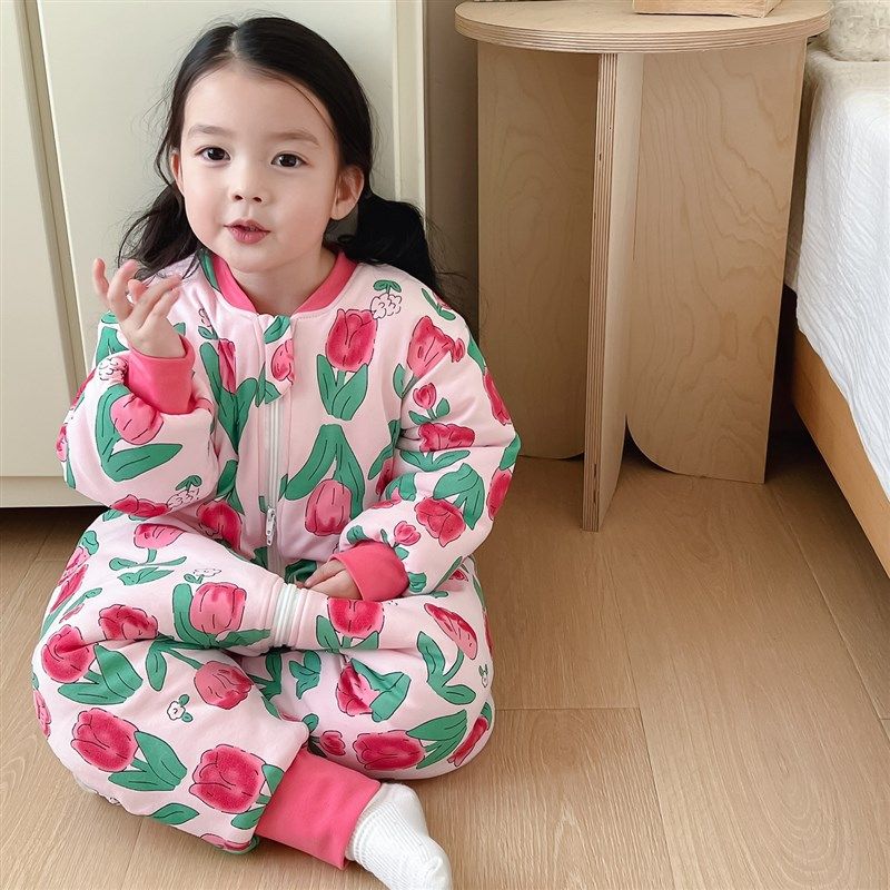 洋气宝宝豆豆绒纯棉加厚睡袋冬季男女儿童保暖分腿连体睡衣防踢被
