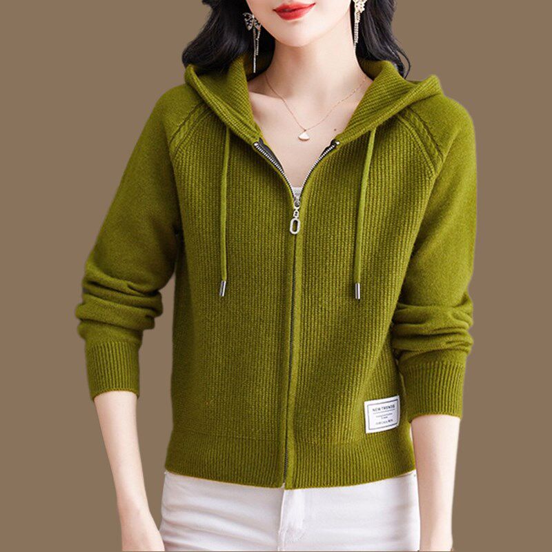 高端拉链连帽针织开衫女羊毛衫春秋新款宽松外搭洋气大码毛衣外套