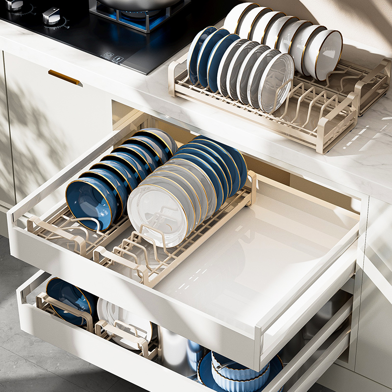 不锈钢碗碟收纳层架厨房置物架抽屉内置放盘子沥水碗架柜内分隔拉