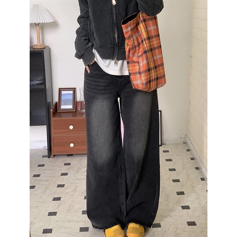 YS媛森烟灰色高腰牛仔裤女秋冬新款胖mm粗腿宽胯加长直筒阔腿裤子