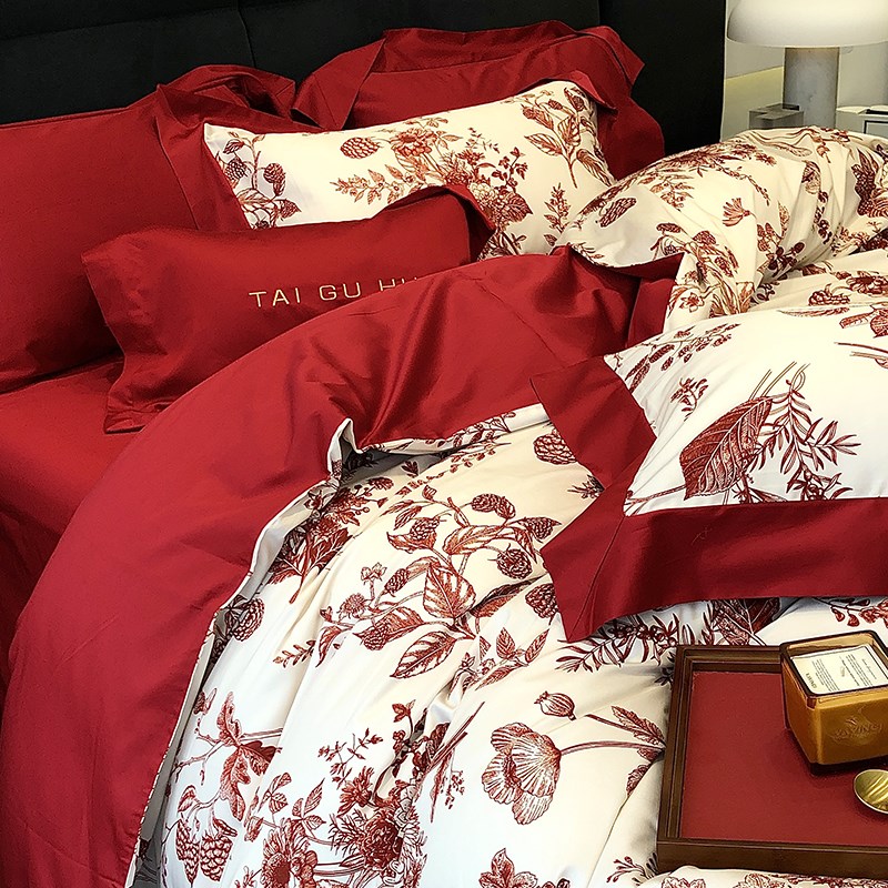 浪漫封存红色婚庆全棉四件套100s长绒棉结婚被套床单纯棉嫁娶床品