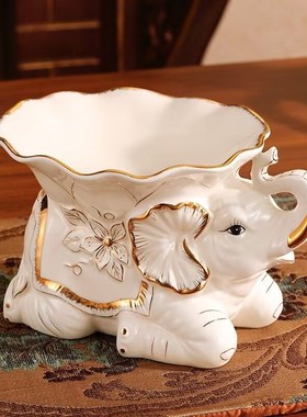陶瓷大象玄关鞋柜钥匙收纳摆件欧式门口电视遥控器收纳盒客厅创意