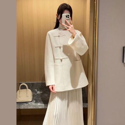 新中式国风盘扣中长款毛呢大衣外套女冬季新品白色小个子呢子大衣