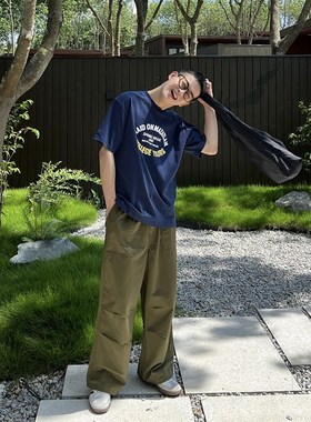 马克斯星球 休闲宽松抽绳直筒裤男中腰绿色薄款春夏季大口袋长裤