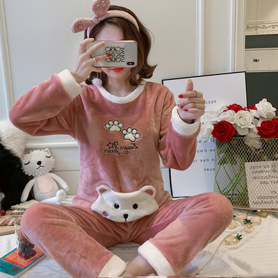 冬季珊瑚绒睡衣女长袖秋冬保暖加厚加绒甜美可爱法兰绒家居服套装
