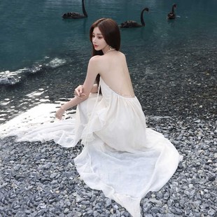 沙滩裙海边度假仙女女大露背连衣裙长裙吊带性感晨袍拍照白色荷花