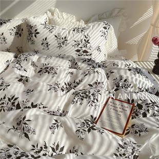 街角花摊浪漫唯美大花边纯棉四件套干净黑白花中古风1.8m床笠款