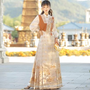 半身裙女春秋2024国风汉元素马甲日常套装织金新中式衬衣配马面裙