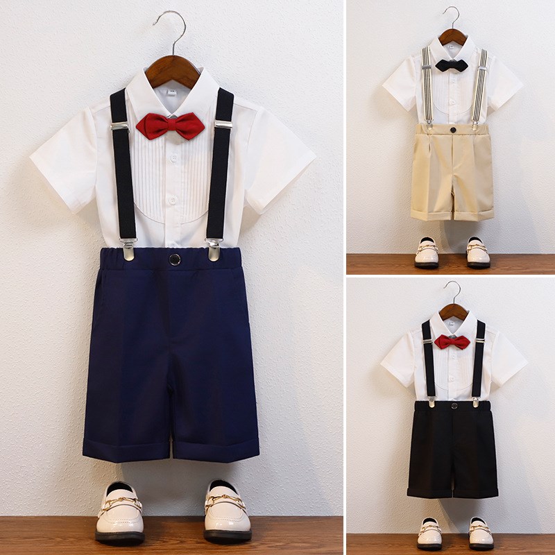 儿童男童礼服西装短袖背带裤套装宝宝周岁演出服英伦花童六一夏季
