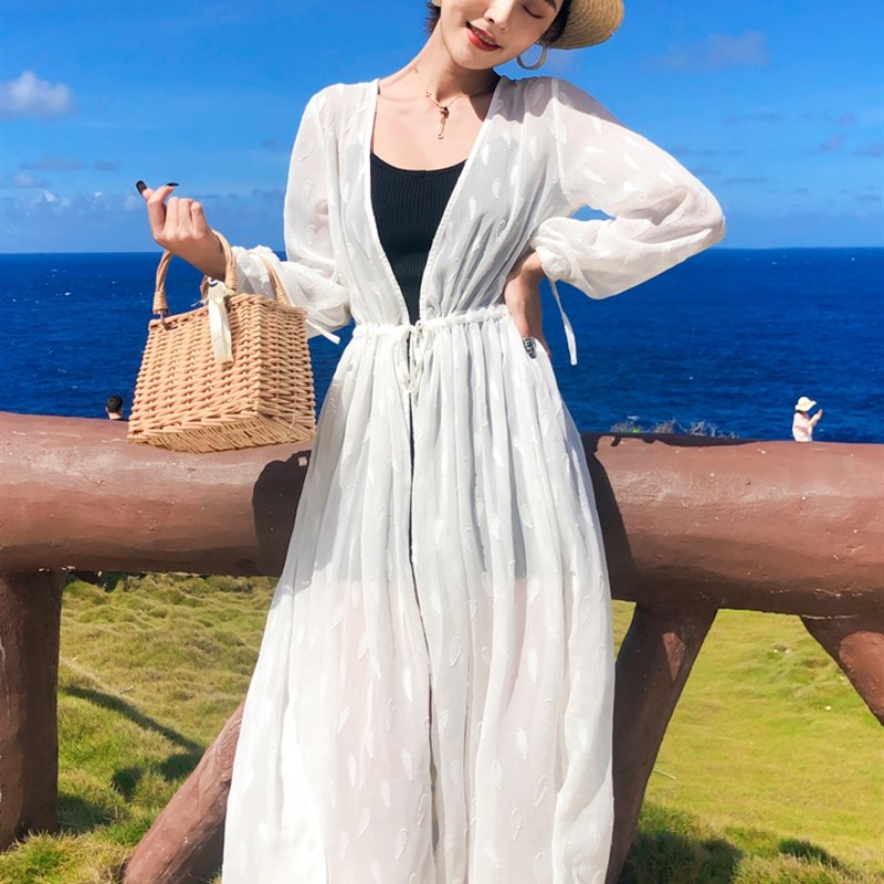 夏季防晒衣女长款沙滩长衫白色蕾丝长袖海边度假雪纺开衫上衣外搭