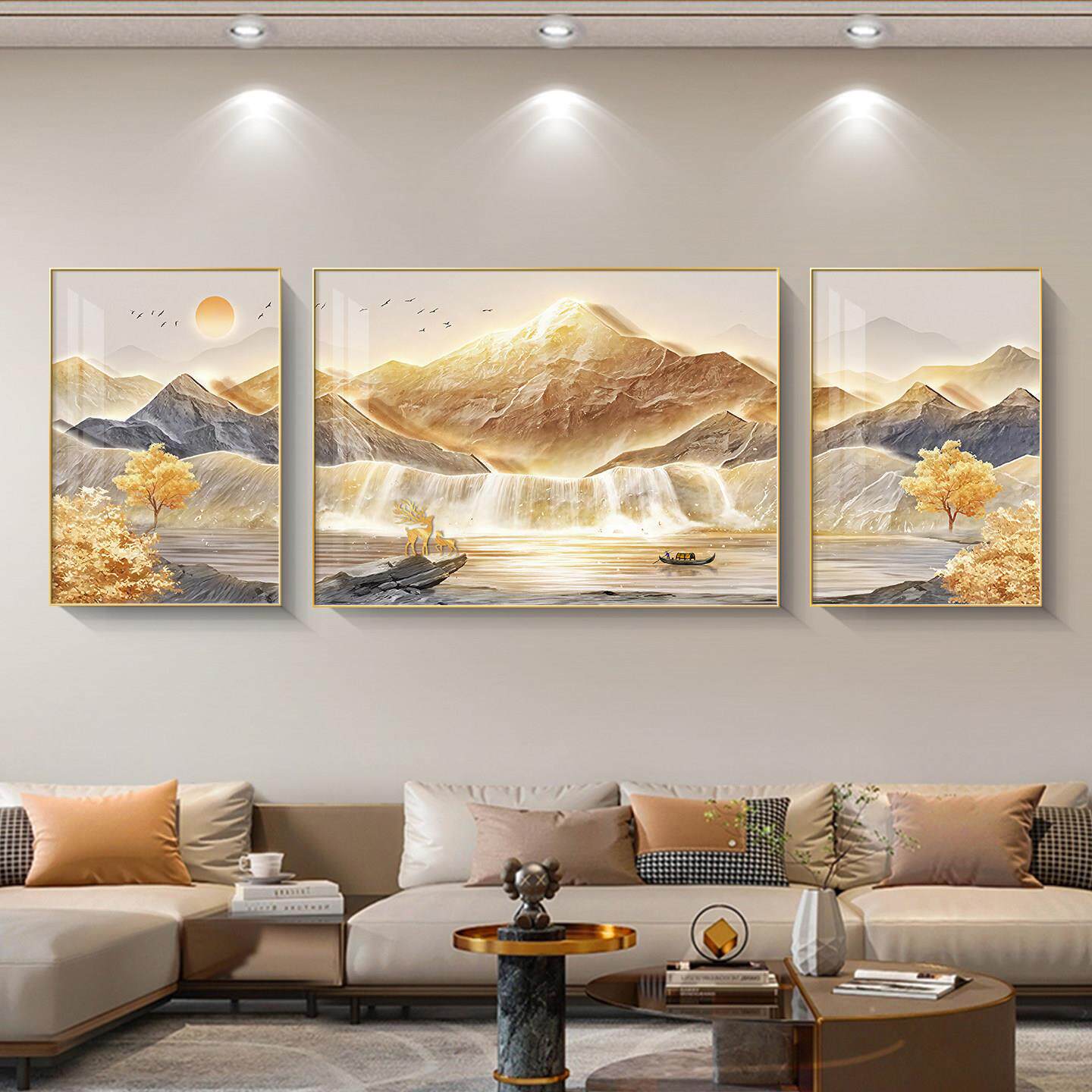 流水生财客厅三联装饰画轻奢高级感沙发背景墙挂画聚宝盆山水壁画