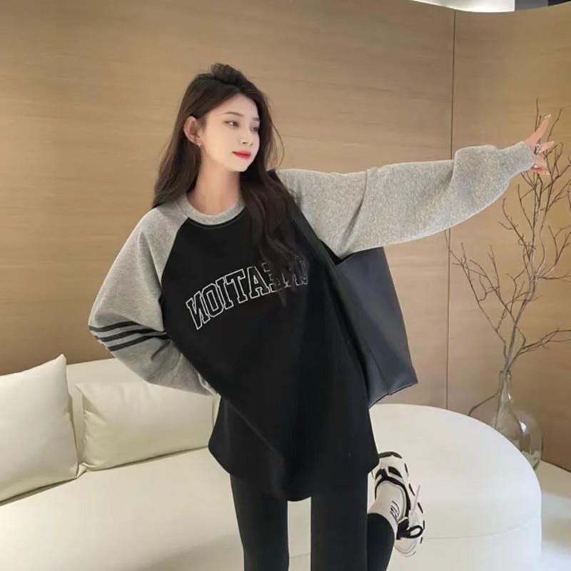 胖mm大码孕妇装秋冬韩版宽松拼色卫衣小个子T恤遮肚怀孕潮妈上衣