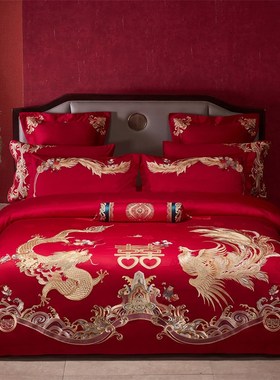 高端160支婚庆四件套全棉纯棉大红色龙凤刺绣结T新婚房床上用品4