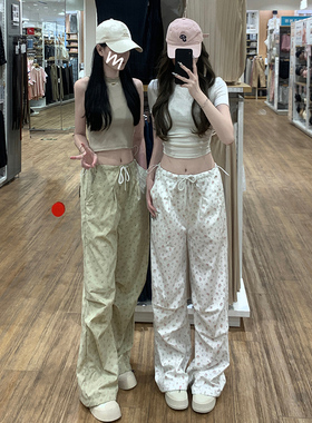 碎花工装裤女夏季薄款2024新款高腰宽松休闲阔腿裤美式白色运动裤