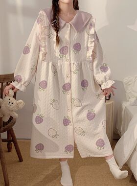 春秋冬款月子睡裙产后哺乳空气棉加厚纯棉长裙孕妇住院生产待产裙