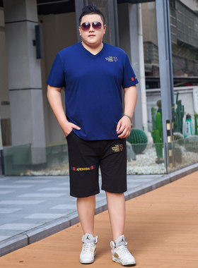 胖子穿搭男装两件套加肥加大码五分裤夏季休闲套装短袖t恤肥仔衫