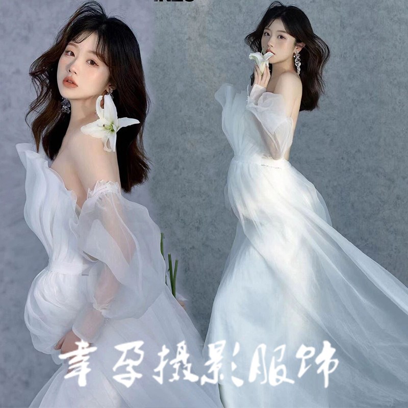 影楼新款孕妇拍照服装韩系少女感超仙白色纱裙礼服孕妇写真主题服