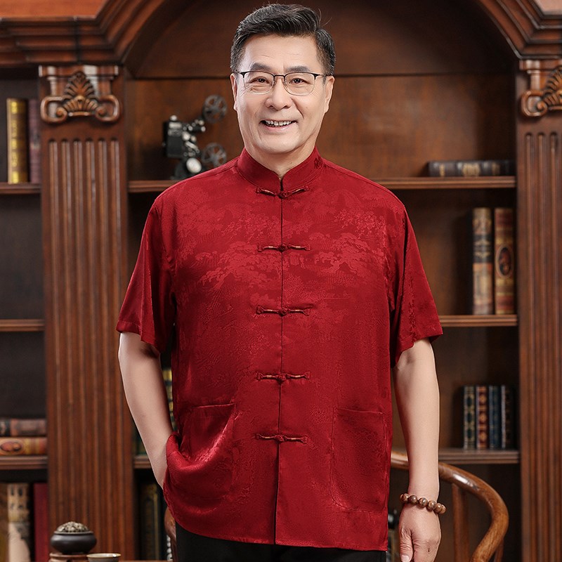 香云纱唐装男短袖中老年中国风夏季真丝爸爸夏Q装爷爷衣服老人套
