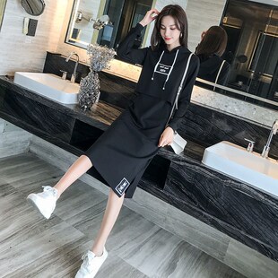2025春秋装新款连帽休闲连衣裙女宽松显瘦假两件长袖中长款卫衣裙