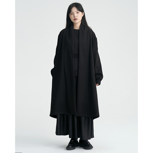 陆与山屿2024春节新款小众加绒加厚中长款风衣外套女黑色百搭上衣