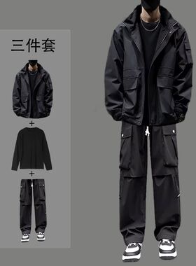 黑色冲锋衣冲锋裤套装男士连帽夹克2D024春秋季休闲运动户外三件